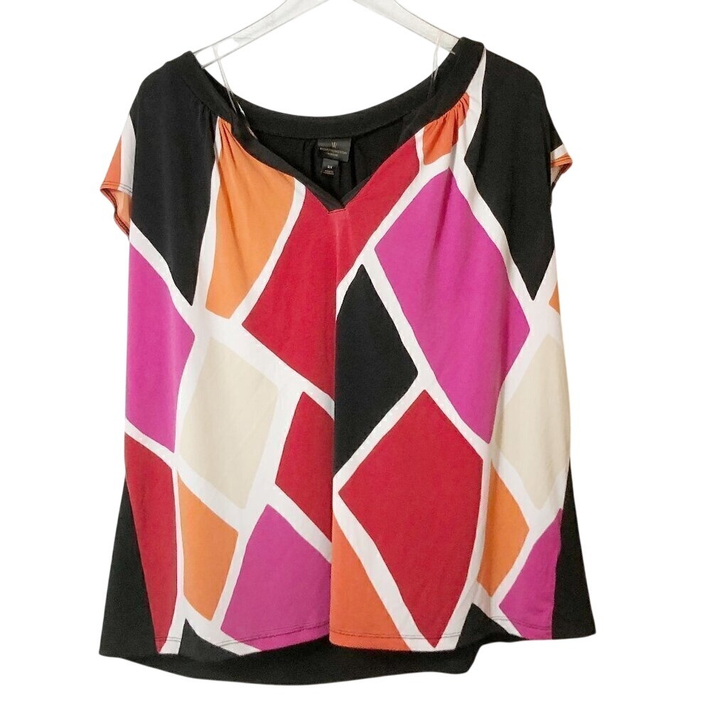 Worthington Woman Geometric Stained Glass V-Neck Short Sleeve Blouse Size 2X